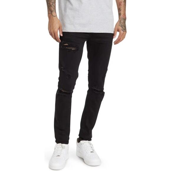 WELL KNOWN Dean Street Jeans Men Jet Black SZ 34 Stretch Distressed MSRP $200 - Picture 1 of 12
